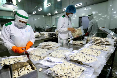 Đóng gói sản phẩm ngao nguyên con đông lạnh tại nhà máy của Công ty Thủy sản Lenger Việt Nam. (Ảnh: Vũ Sinh/TTXVN)