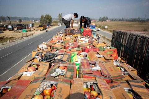 Một xe tải chở táo của Ấn Độ trên quốc lộ phía nam Kashmir ngày 25/10. (Nguồn: AFP)