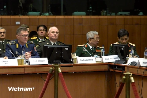 Thượng tướng Nguyễn Chí Vịnh tại Hội nghị Hội nghị Tư lệnh Quốc phòng Liên minh châu Âu (EU) ở Brussels, Vương quốc Bỉ. (Ảnh: Đức Hùng/Vietnam+)