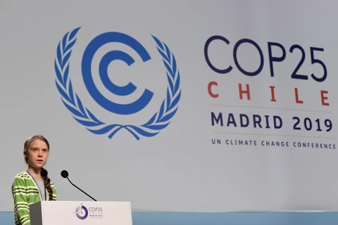 Nhà hoạt động trẻ người Thụy Điển Greta Thunberg phát biểu tại hội nghị COP 25 ở Madrid, Tây Ban Nha, ngày 11/12/2019. (Ảnh: AFP/TTXVN)