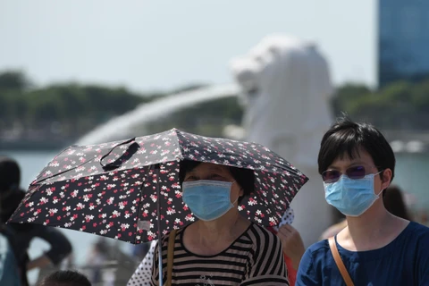 Khách du lịch đeo khẩu trang để phòng tránh lây nhiễm virus corona chủng mới tại Singapore ngày 26/1/2020. (Ảnh: AFP/TTXVN)