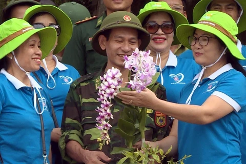 Câu lạc bộ Đô thị xanh Hải Phòng cùng các chiến sĩ đồn biên phòng lựa chọn những cây hoa vừa đẹp nhưng lại có sức sống phù hợp với thời tiết khắc nghiệt trên đảo đá Long Châu. (Ảnh: TTXVN)