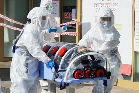 Nhân viên y tế chuyển bệnh nhân nghi nhiễm COVID-19 tới một bệnh viện ở Daegu, Hàn Quốc ngày 19/2/2020. (Ảnh: Yonhap/TTXVN)