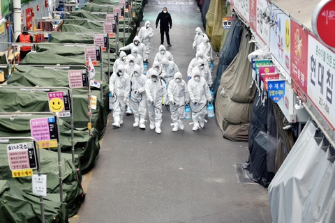 Nhân viên phun thuốc khử trùng tại một khu chợ ở Daegu, Hàn Quốc, nhằm ngăn chặn sự lây lan của COVID-19, ngày 23/2/2020. (Ảnh: THX/TTXVN)