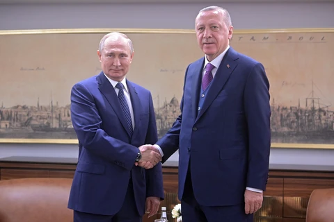 Tổng thống Nga Vladimir Putin (trái) và người đồng cấp Thổ Nhĩ Kỳ Recep Tayyip Erdogan (phải) tại cuộc gặp ở Istanbul ngày 8/1/2020. (Ảnh: AFP/TTXVN)