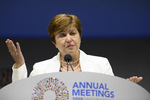 Tổng Giám đốc IMF - bà Kristalina Georgieva phát biểu tại Hội nghị thường niên Quỹ Tiền tệ Quốc tế (IMF) và Ngân hàng Thế giới (WB) ở Washington, DC,Mỹ, ngày 18/10. (Ảnh: AFP/TTXVN)