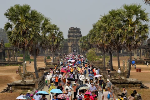 Khách tham quan khu đền cổ Angkor ở Siem Reap, Campuchia. (Ảnh: AFP/TTXVN)