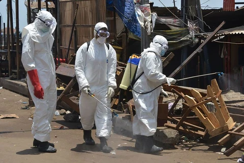 Nhân viên y tế mặc trang phục bảo hộ khử trùng các cửa hàng và đường phố ở Conakry, Guinea. (Nguồn: AFP/Getty Images)