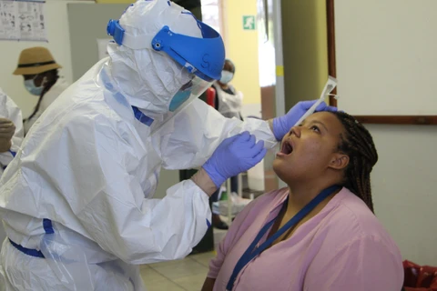 Nhân viên y tế lấy mẫu xét nghiệm COVID-19 tại Windhoek, Namibia, ngày 22/4/2020. (Ảnh: THX/TTXVN)