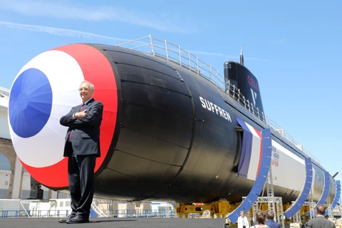 Tàu ngầm hạt nhân Suffren tại lễ hạ thủy ở căn cứ hải quân ở Cherbourg, Pháp, ngày 12/7/2019. (Ảnh: AFP/TTXVN)