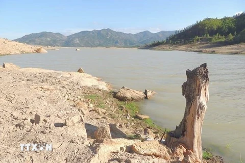 Lòng hồ chứa nước Suối Dầu (Cam Lâm-Khánh Hòa) chỉ còn 18% dung tích hồ. (Ảnh: TTXVN)