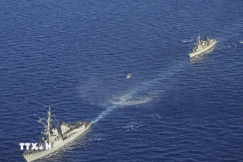 Tàu chiến của Hy Lạp tham gia cuộc tập trận ở phía Đông Địa Trung Hải ngày 24/8/2020. (Ảnh: AFP/TTXVN)