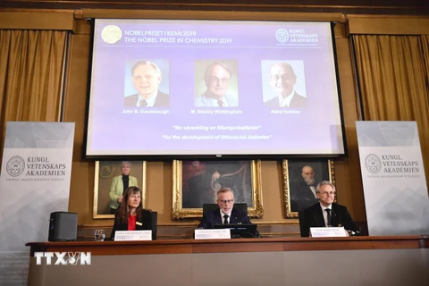 Lễ công bố giải Nobel Hóa học 2019 tại Viện Khoa học Hoàng gia Thụy Điển ở Stockholm ngày 9/10/2019. (Ảnh: AFP/TTXVN)