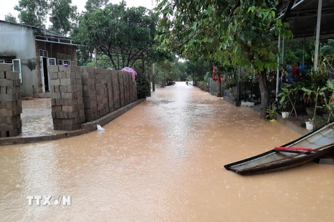 Nhiều tuyến đường giao thông nông thôn ở Quảng Trị vẫn bị ngập sâu trong nước. (Ảnh: Hồ Cầu/TTXVN)