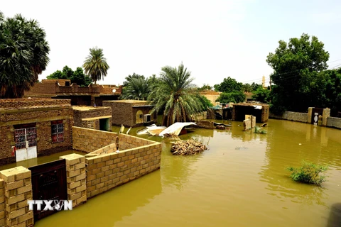 Cảnh ngập lụt do mưa lũ tại khu vực Al-Kadaro, phía Bắc thủ đô Khartoum, Sudan ngày 31/8/2020. (Ảnh: THX/TTXVN)