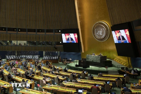 Phiên họp toàn thể cấp cao của Đại hội đồng Liên hợp quốc khóa 75 kỷ niệm Ngày Quốc tế về xóa bỏ hoàn toàn vũ khí hạt nhân ngày 26/9. (Ảnh: Hữu Thanh/TTXVN)