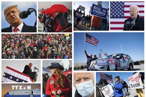 Các hình ảnh trong chiến dịch vận động tranh cử nước rút của đương kim Tổng thống Mỹ Donald Trump (cột ảnh trái) và ứng viên của đảng Dân chủ Joe Biden (cột ảnh phải). (Ảnh: AFP/TTXVN)