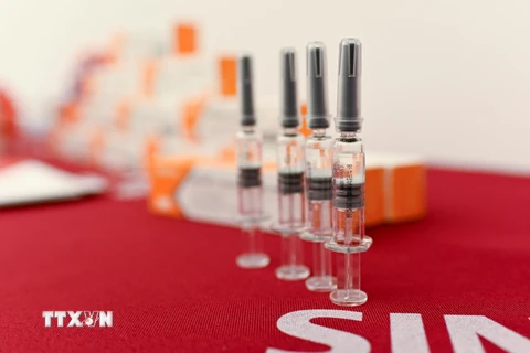 Vắcxin ngừa COVID-19 do công ty Sinovac của Trung Quốc phát triển được giới thiệu tại một cuộc họp báo ở Bắc Kinh ngày 24/9/2020. (Ảnh: AFP/TTXVN)