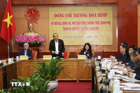 Phó Thủ tướng thường trực Chính phủ Trương Hòa Bình phát biểu tại buổi làm việc. (Ảnh: Quang Duy/TTXVN)