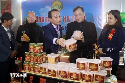 Lãnh đạo tỉnh Nam Định và Cục Xúc tiến thương mại cùng các đại biểu thăm quan các gian hàng tại Hội chợ Công thương khu vực phía Bắc-Nam Định năm 2020. (Ảnh: Nguyễn Lành/TTXVN)