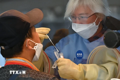 Nhân viên y tế lấy mẫu xét nghiệm COVID-19 tại cơ sở xét nghiệm tạm thời ở Seoul, Hàn Quốc. (Ảnh: AFP/TTXVN)