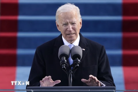Tân Tổng thống Mỹ Joe Biden phát biểu sau khi tuyên thệ nhậm chức tại Đồi Capitol ở Washington DC., ngày 20/1/2021. (Ảnh: AFP/TTXVN)