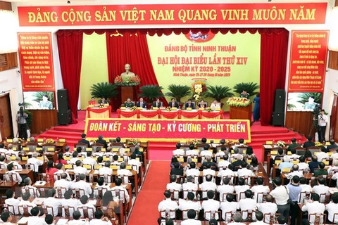 Quang cảnh Đại hội đại biểu lần thứ XIV Đảng bộ tỉnh Ninh Thuận nhiệm kỳ 2020-2025. (Ảnh: Công Thử/TTXVN