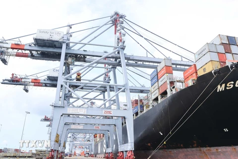 Các container hàng hóa tại Cảng quốc tế Cái Mép, Bà Rịa-Vũng Tàu. (Ảnh: Thống Nhất/TTXVN)
