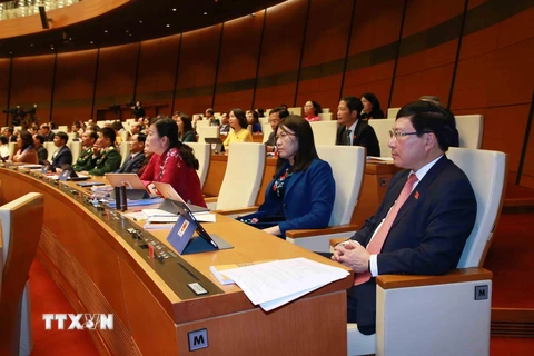 Đoàn đại biểu Quốc hội tỉnh Thái Nguyên dự kỳ họp. (Ảnh: Phương Hoa/TTXVN)