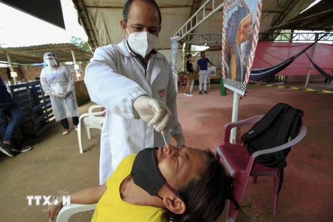 Nhân viên y tế lấy mẫu xét nghiệm COVID-19 tại Manaus, bang Amazonas, Brazil. (Ảnh: AFP/TTXVN)