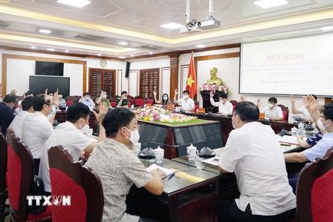 Biểu quyết thông qua Nghị quyết công bố danh sách những người trúng cử đại biểu HĐND tỉnh. (Ảnh: Nguyễn Chinh/TTXVN)