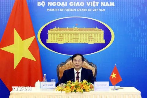 Bộ trưởng Bộ Ngoại giao Bùi Thanh Sơn tham dự Hội nghị Quan hệ đối tác Mekong-Mỹ (MUSP) lần thứ hai theo hình thức trực tuyến. (Ảnh: Phạm Kiên - TTXVN)