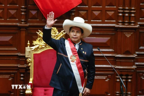 Tổng thống đắc cử Peru Pedro Castillo tại lễ tuyên thệ nhậm chức ở Lima, ngày 28/7/2021. (Ảnh: AFP/TTXVN)