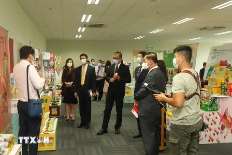 Giới thiệu các sản phẩm mới của Việt Nam tới các doanh nghiệp Singapore. (Ảnh: Lê Dương/TTXVN)