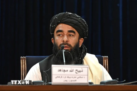 Người phát ngôn của lực lượng Taliban Zabihullah Mujahid phát biểu trong cuộc họp báo tại Kabul, Afghanistan, ngày 6/9/2021. (Ảnh: AFP/TTXVN)