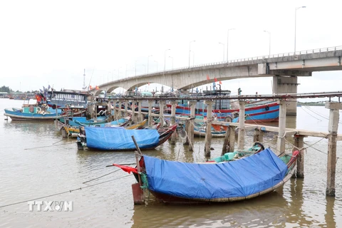 Tàu thuyền neo đậu tránh trú bão số 5 ở khu neo đậu Bắc Cửa Việt, thị trấn Cửa Việt, huyện Gio Linh, Quảng Trị. (Ảnh: Nguyên Lý/TTXVN)