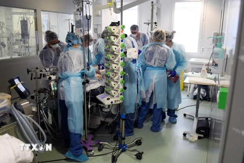 Nhân viên y tế điều trị cho bệnh nhân COVID-19 tại bệnh viện ở Marseille, Pháp, ngày 2/2/2021. (Ảnh: AFP/TTXVN)