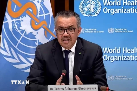 Tổng Giám đốc Tổ chức Y tế thế giới (WHO) Tedros Adhanom Ghebreyesus phát biểu trong cuộc họp báo tại Geneva, Thụy Sĩ. (Ảnh: THX/TTXVN)