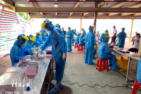 Xét nghiệm test nhanh cho công nhân Khu công nghiệp Hòa Phú, Vĩnh Long. (Ảnh minh họa: Lê Thúy Hằng/TTXVN)