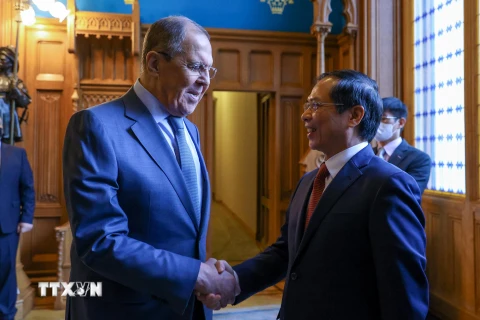 Bộ trưởng Ngoại giao Nga Sergei Lavrov đón Bộ trưởng Ngoại giao Bùi Thanh Sơn. (Ảnh: Trần Hiếu/TTXVN)