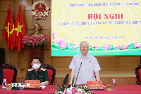 Tổng Bí thư Nguyễn Phú Trọng phát biểu tại hội nghị tiếp xúc cử tri trực tuyến (Ảnh: Trí Dũng/TTXVN)