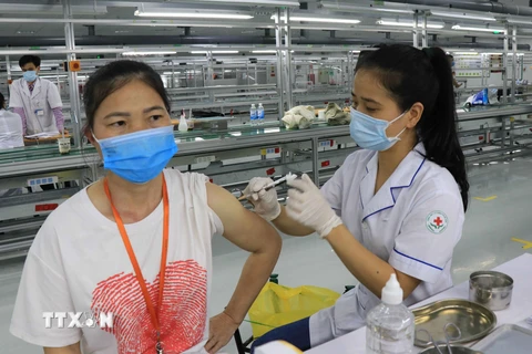Tiêm phòng vaccine phòng COVID-19 cho công nhân tại Công ty TNHH Goerteck Vina, Khu công nghiệp Quế Võ, tỉnh Bắc Ninh. (Ảnh: Thanh Thương/TTXVN)