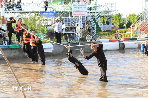 Du khách tham gia các trò chơi tại Khu du lịch sinh thái nông nghiệp Tiên Định, xã Phú Thuận A, huyện Hồng Ngự. (Ảnh: Chương Đài/TTXVN)