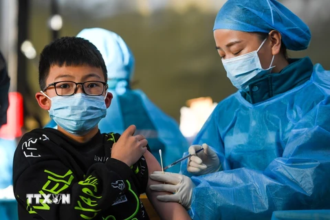Nhân viên y tế tiêm vaccine phòng COVID-19 cho trẻ em tại Khu tự trị Nội Mông, Trung Quốc, ngày 23/11/2021. (Ảnh: THX/TTXVN)