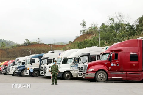 Xe tập kết chờ xuất khẩu hàng hóa hóa sang Trung Quốc tại Cửa khẩu Quốc tế Hữu Nghị, Lạng Sơn. (Ảnh: Thái Thuần/TTXVN)