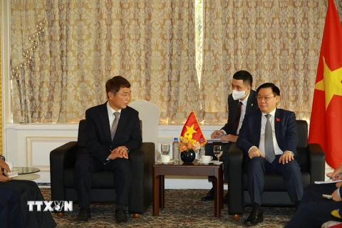 Chủ tịch Quốc hội Vương Đình Huệ tiếp Nghị sỹ Đảng Dân chủ cầm quyền Choi Jae-sung. (Ảnh: Anh Nguyên/TTXVN)