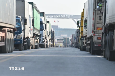 Hàng trăm xe hàng nối đuôi nhau trên cầu Bắc Luân II- cửa khẩu Móng Cái chờ xuất, nhập cảnh. (Ảnh: Thanh Vân/TTXVN)