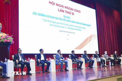 Trưởng Cơ quan đại diện Việt Nam ở nước ngoài và các diễn giả dự tọa đàm về Ngoại giao kinh tế lấy doanh nghiệp làm trung tâm. (Ảnh: TTXVN)