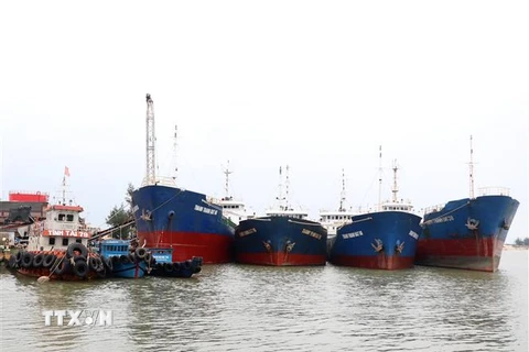 Tàu hàng có tải trọng lớn cập cảng Cửa Việt, Quảng Trị, để lấy hàng hóa. (Ảnh: Nguyên Lý/TTXVN)