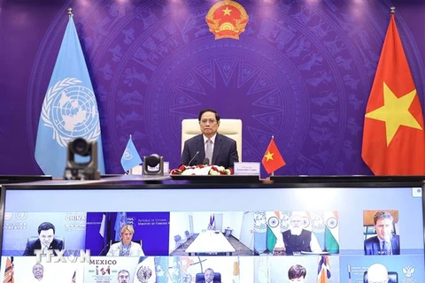 Thủ tướng Phạm Minh Chính phát biểu tại Phiên thảo luận mở Cấp cao của Hội đồng Bảo an LHQ về chủ đề "Thúc đẩy An ninh Biển và Một số lĩnh vực hợp tác quốc tế" tháng 8/2021. (Ảnh: Dương Giang/TTXVN)